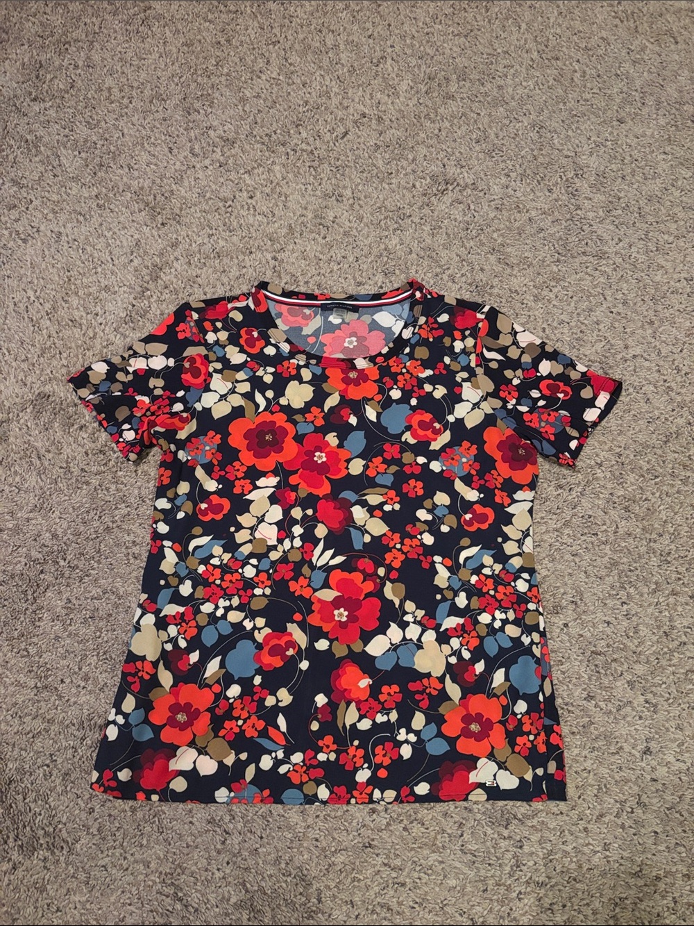 Tommy Hilfiger Floral Short-Sleeve Crewneck Top Navy Red M L